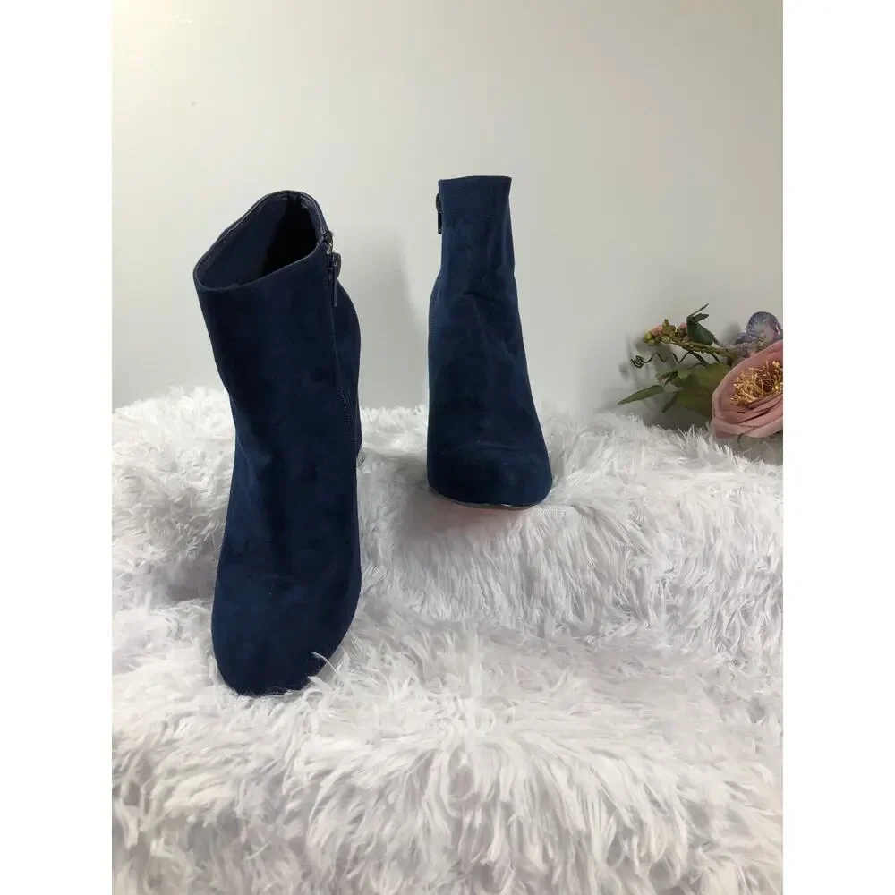 XOXO Yardley‎ Dress Boots Navy Faux Suede Rhinestone Heels Size 9M Zipper Side